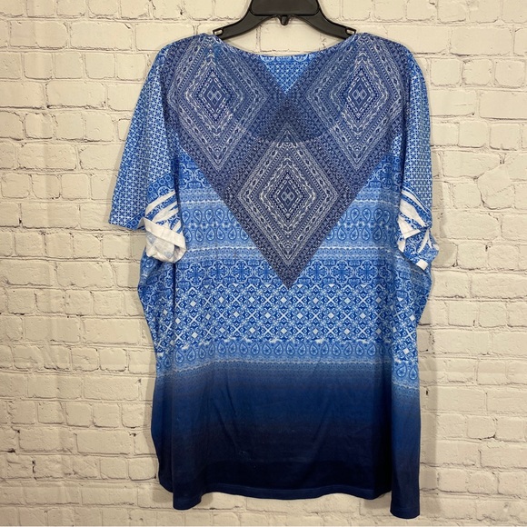 Catherines Womens Shirt 3X 26/28W Blue Round Neck Short Sleeve Bling Stretch Top - Picture 4 of 5